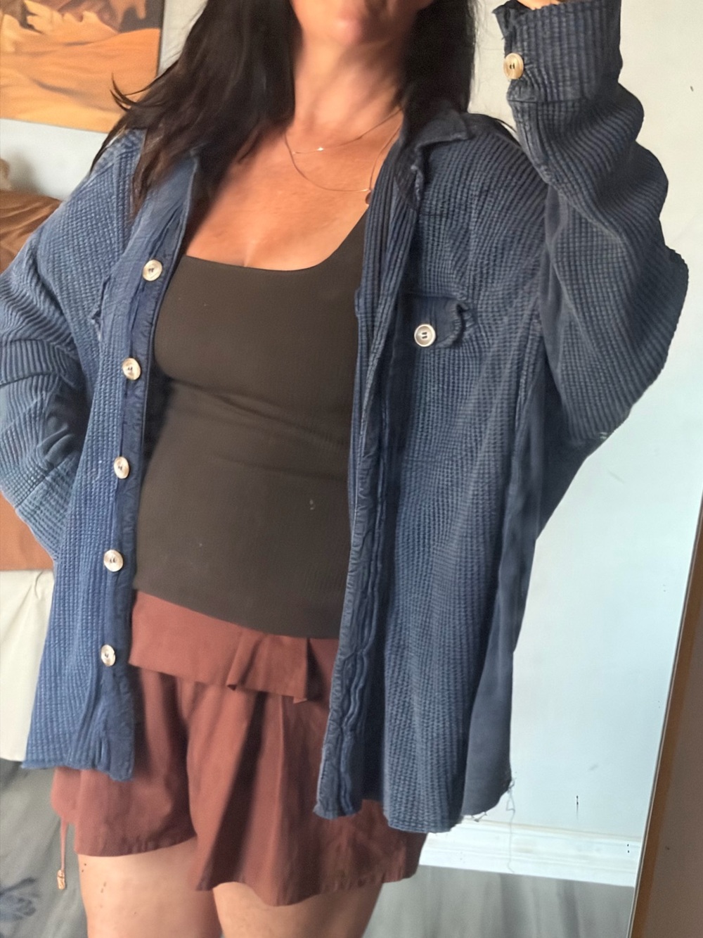 Free People Navy / Indigo Blue Waffle-Knit Button Cardigan